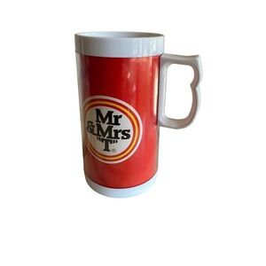 Thermo-Serv Insulated Mug Red Mr & Mrs T Bloody Mary Mix Vintage Plastic USA